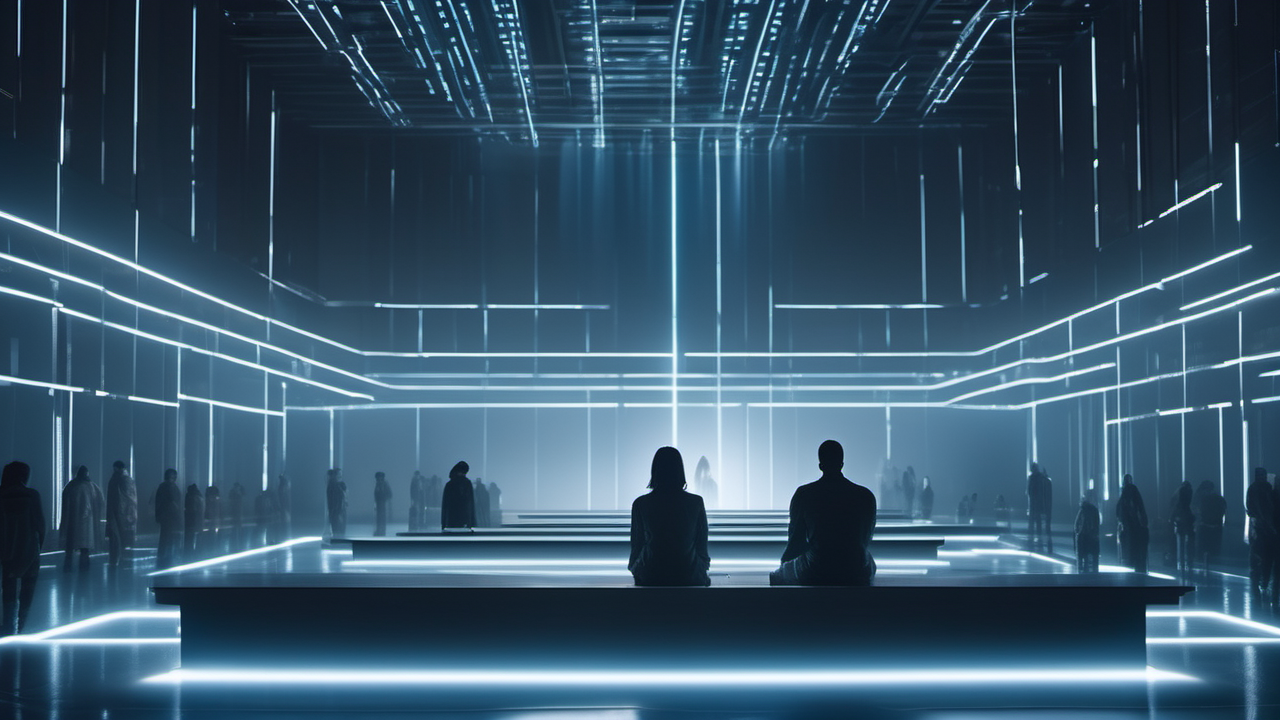 AI dystopia — humans connected to a floating AI obelisk